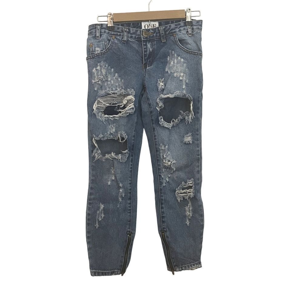 One By One Teaspoon Trashed‎ Free Birds Distressed Low Rise Medium Wash Jeans 26